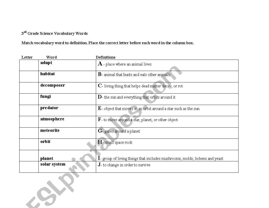 3rd Grade Science Vocabulary Quiz-Matching