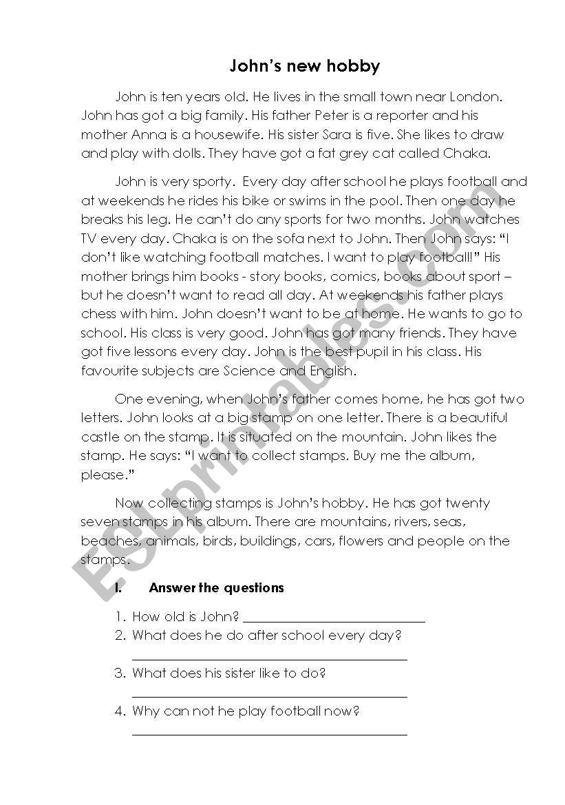 JohnÂ´s new hobby worksheet