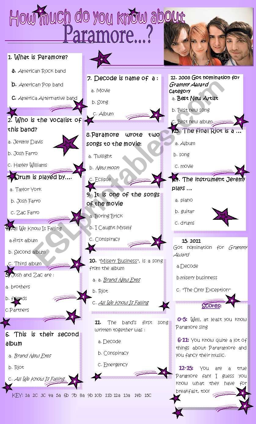 QUIZ ...PARAMORE worksheet
