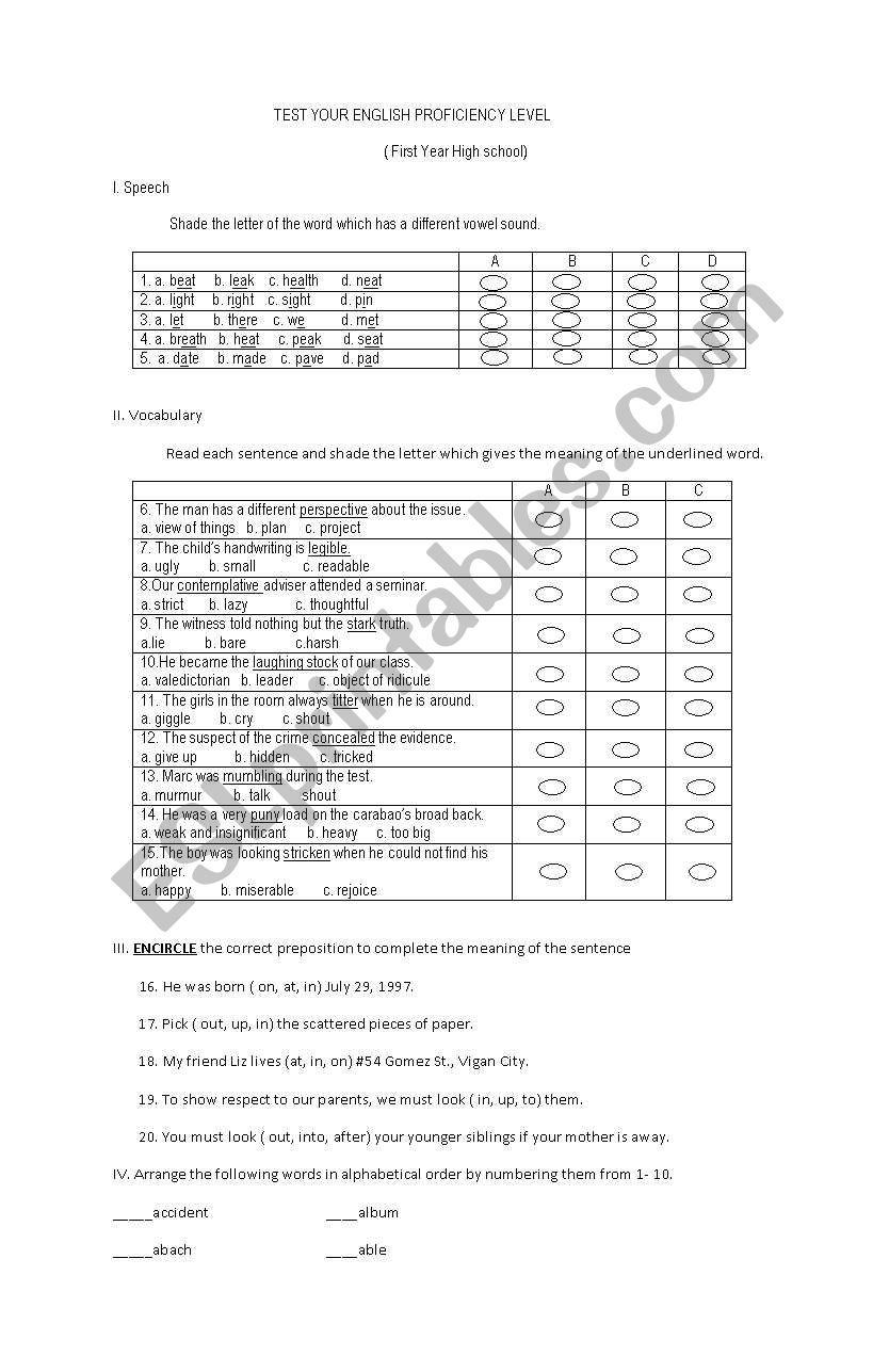 Test Your English Proficiency Level For First Year High School ESL 