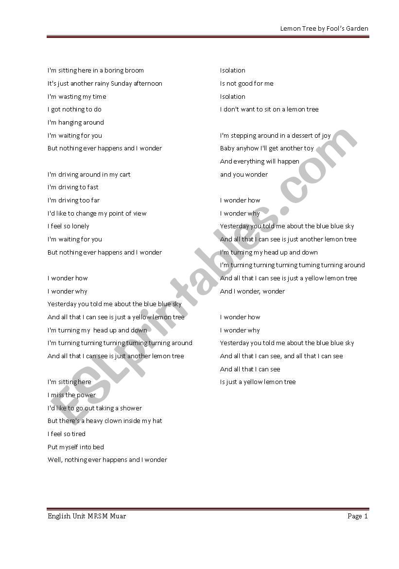 The Lemon Tree Lyric worksheet