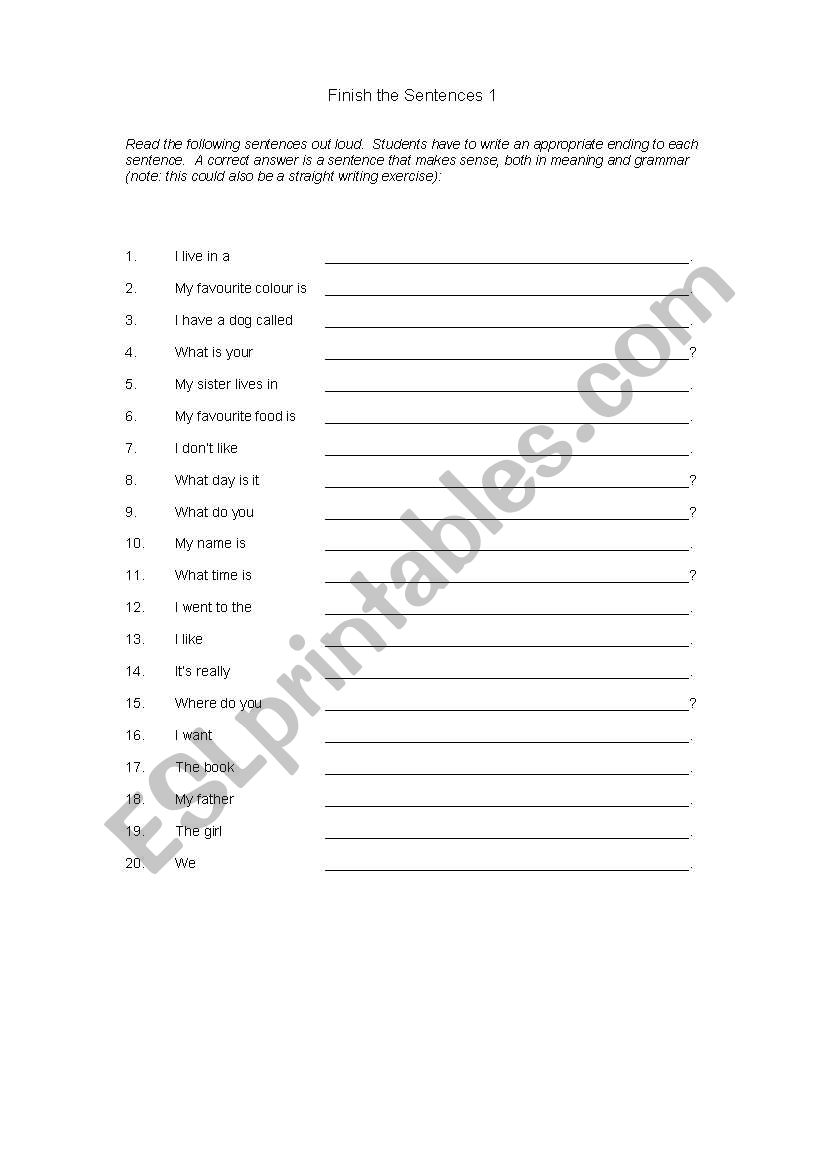 finish sentences worksheet