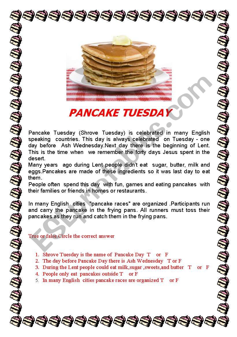 Pancake Day/Shrove Tuesday -reading  practice 