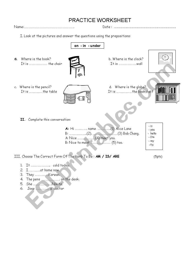 PREPOSITION AND TO BE WORKSHEET
