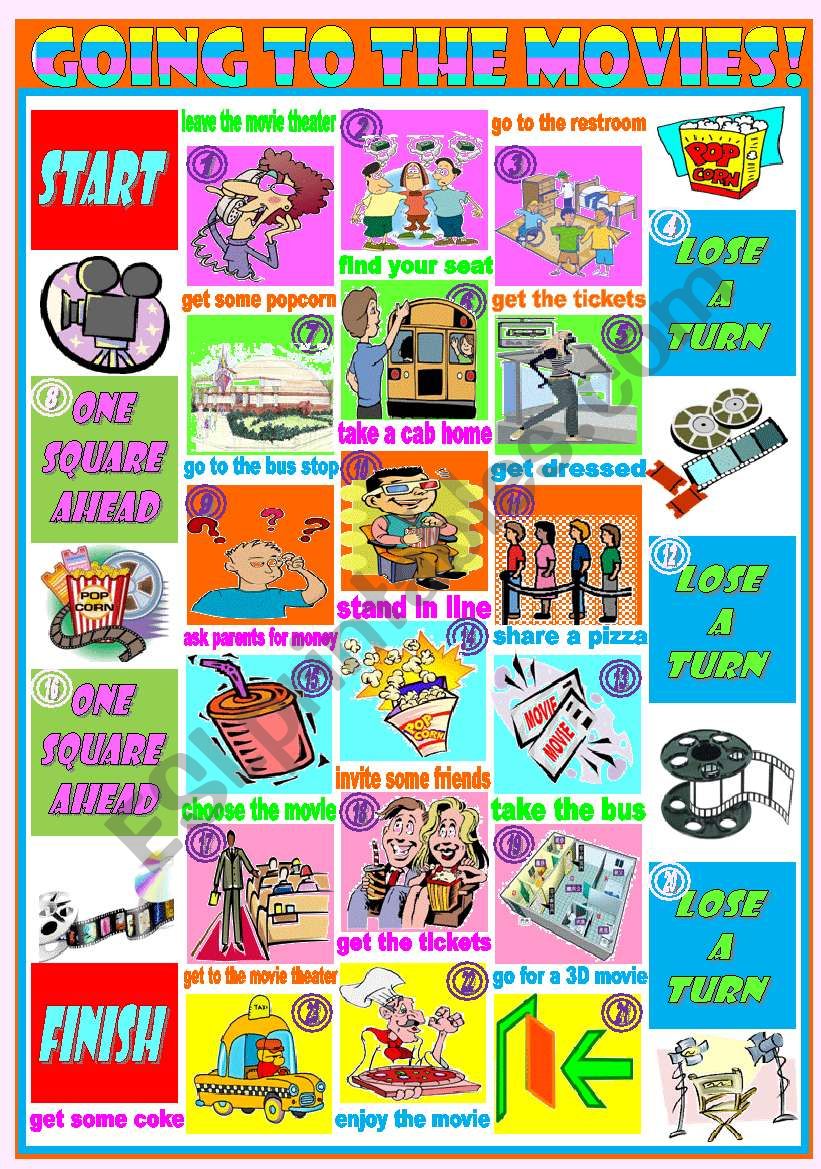 Boardgame: Going to the movies â€“ modals and tenses (will, going to, present simple and continuous, past simple, can) â€¢ sentence formation â€¢ conversation â€¢ game â€¢ 2 dices (tenses and forms) â€¢ instructions and suggestions â€¢ tokens â€¢ 5 pages 