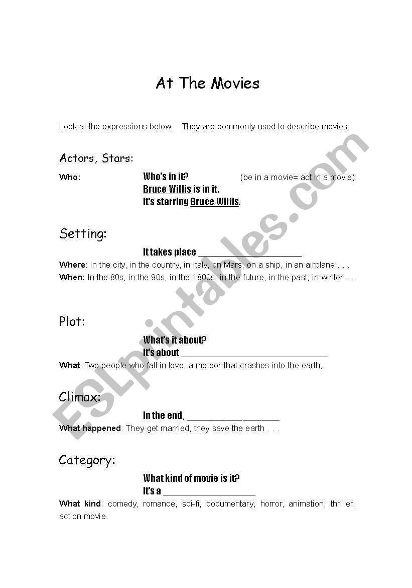 At the movies worksheet