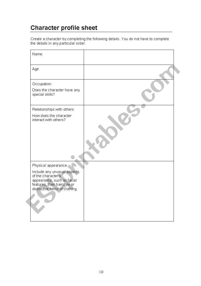 Character profile sheet worksheet