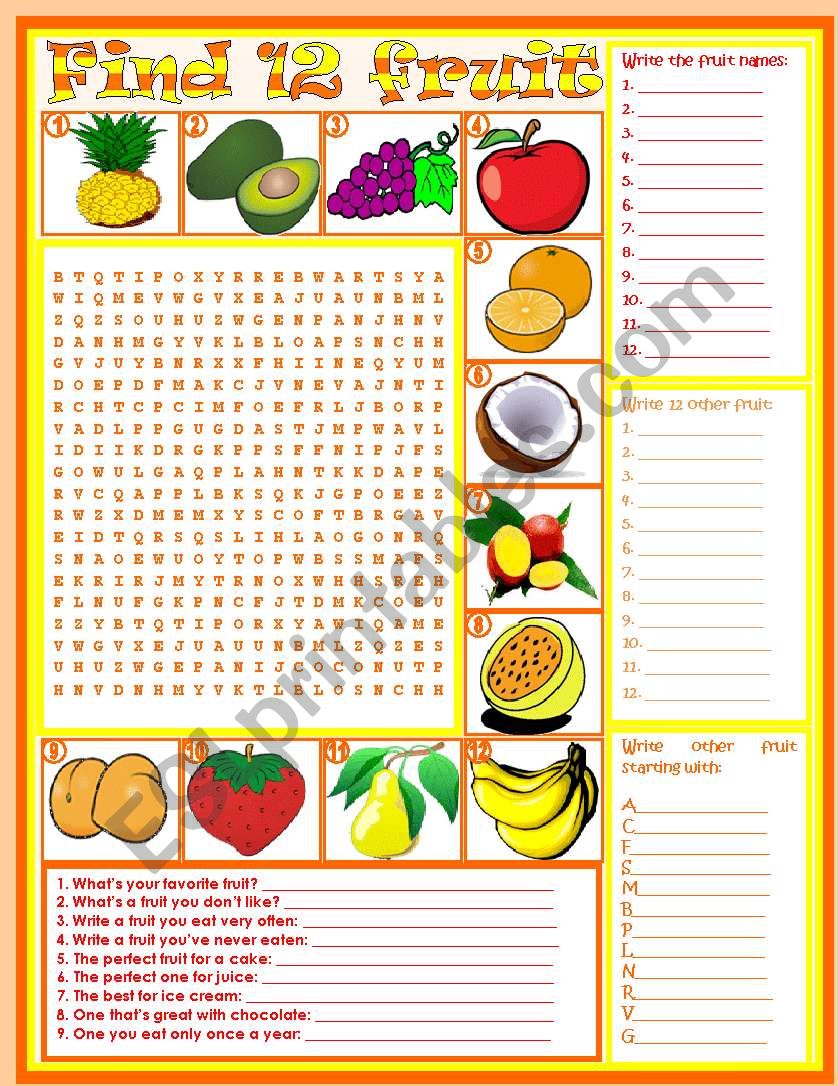 Wordsearch: Fruit  vocabulary  5 tasks  keys included  2 pages  fully editable