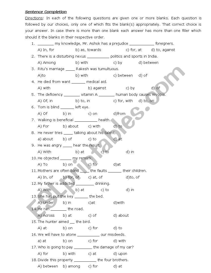 Exercise for Prepostions worksheet