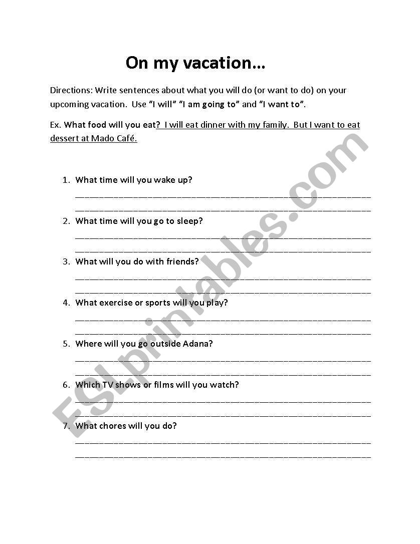 Future vacation predictions  worksheet