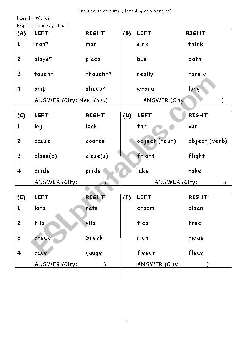 Pronunciation Journey - Words Sheet