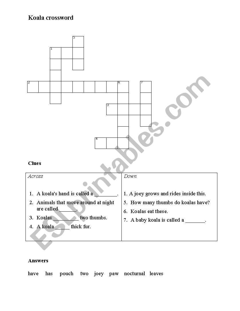 Koala crossword worksheet