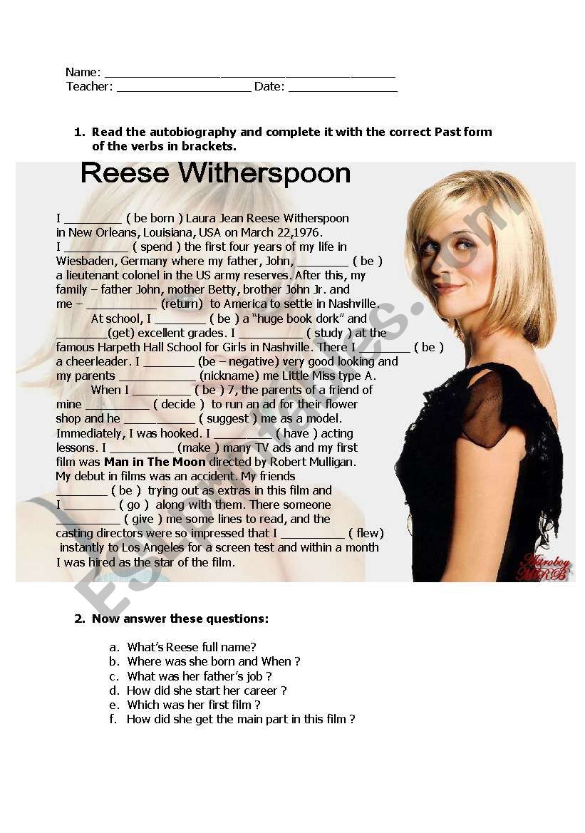 Reese Witherspoon - Biography worksheet