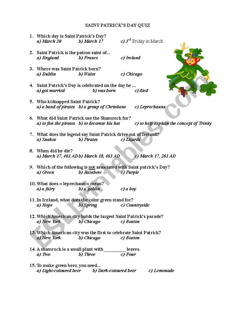 Saint Patricks day quiz worksheet