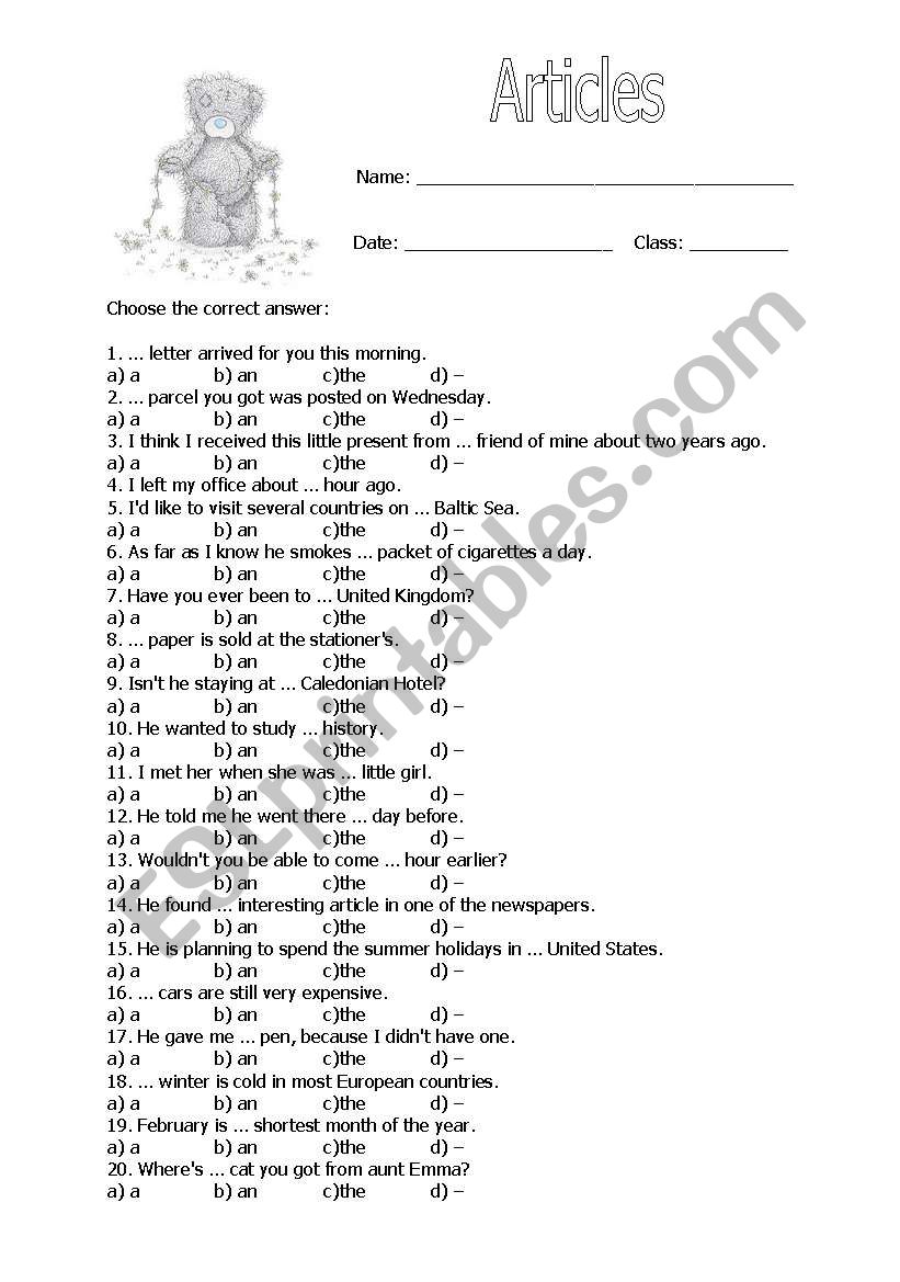 Articles worksheet