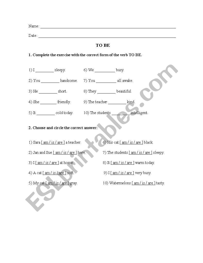 Verb To be worksheet