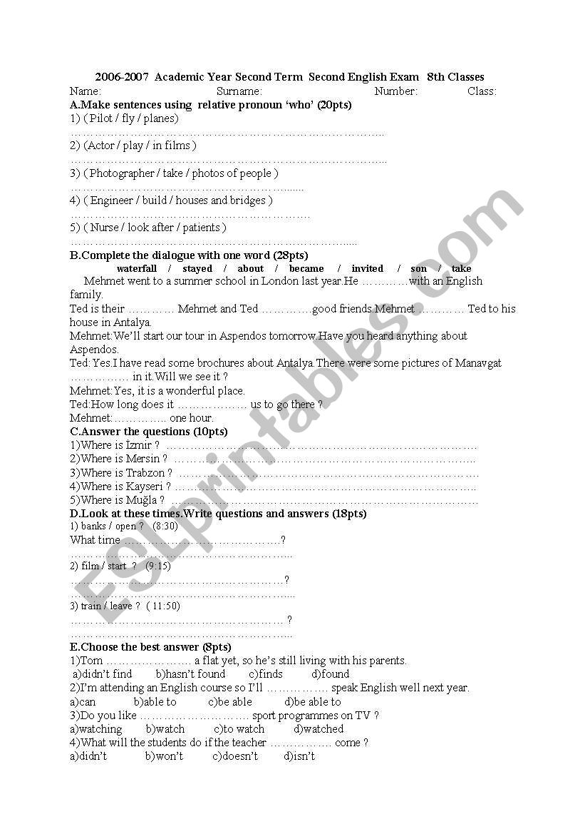 Exam worksheet