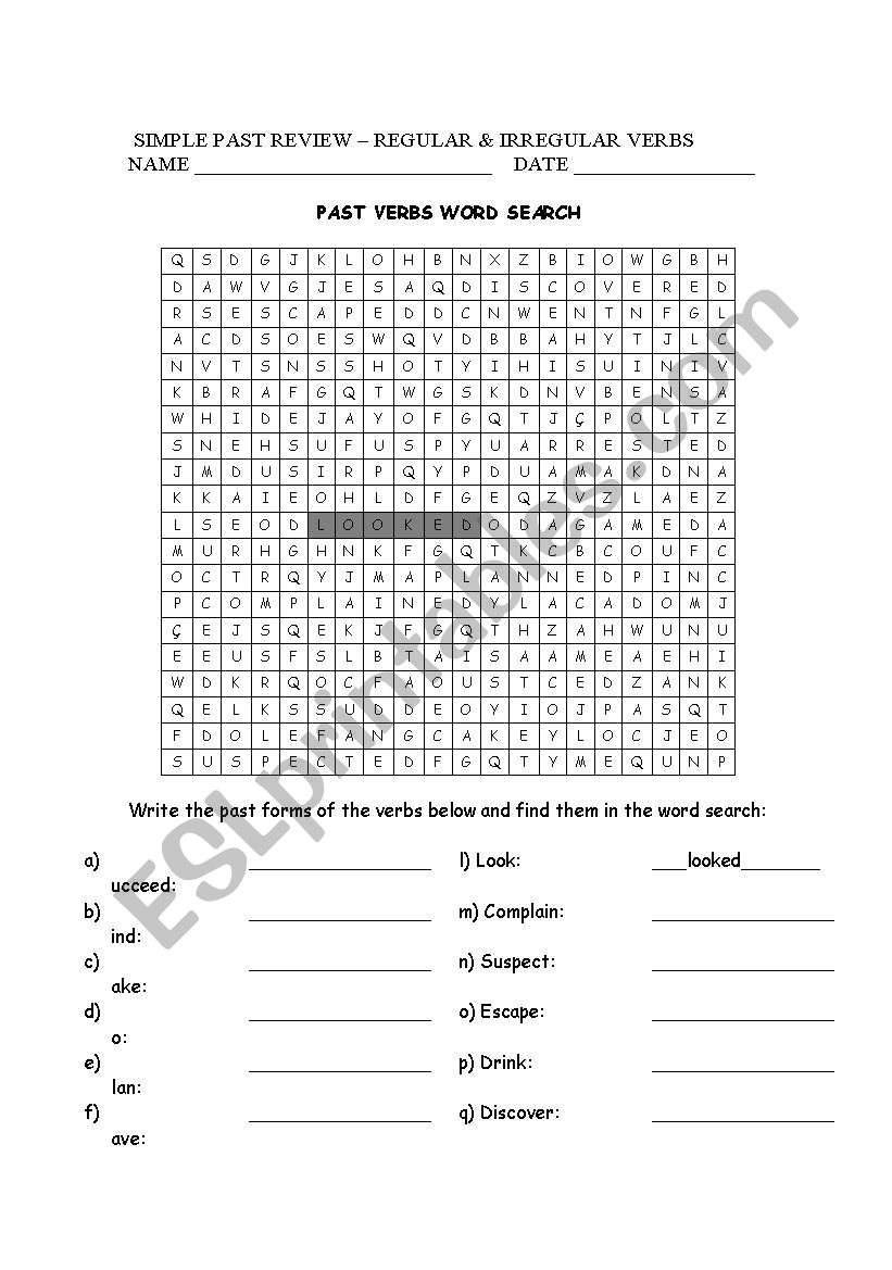 Simple Past verbs - Word search - Regular & Irregular Vbs.