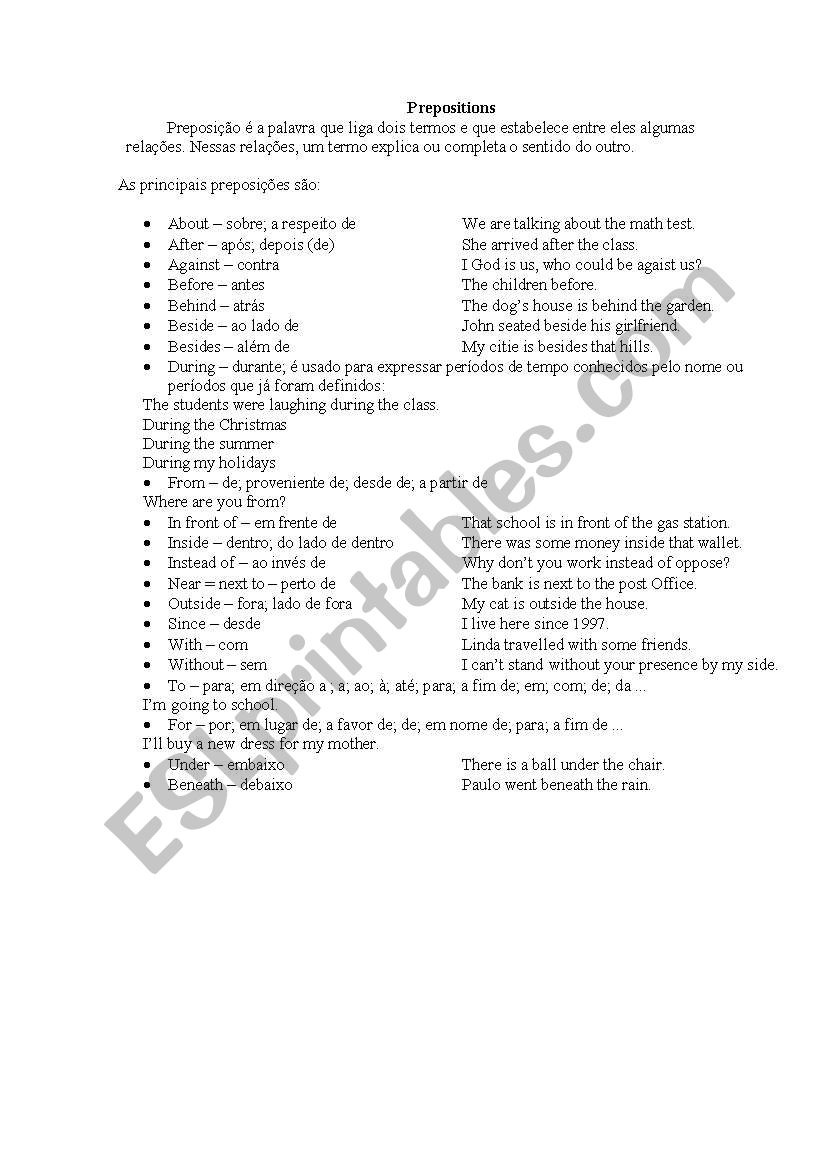 Prepositions worksheet