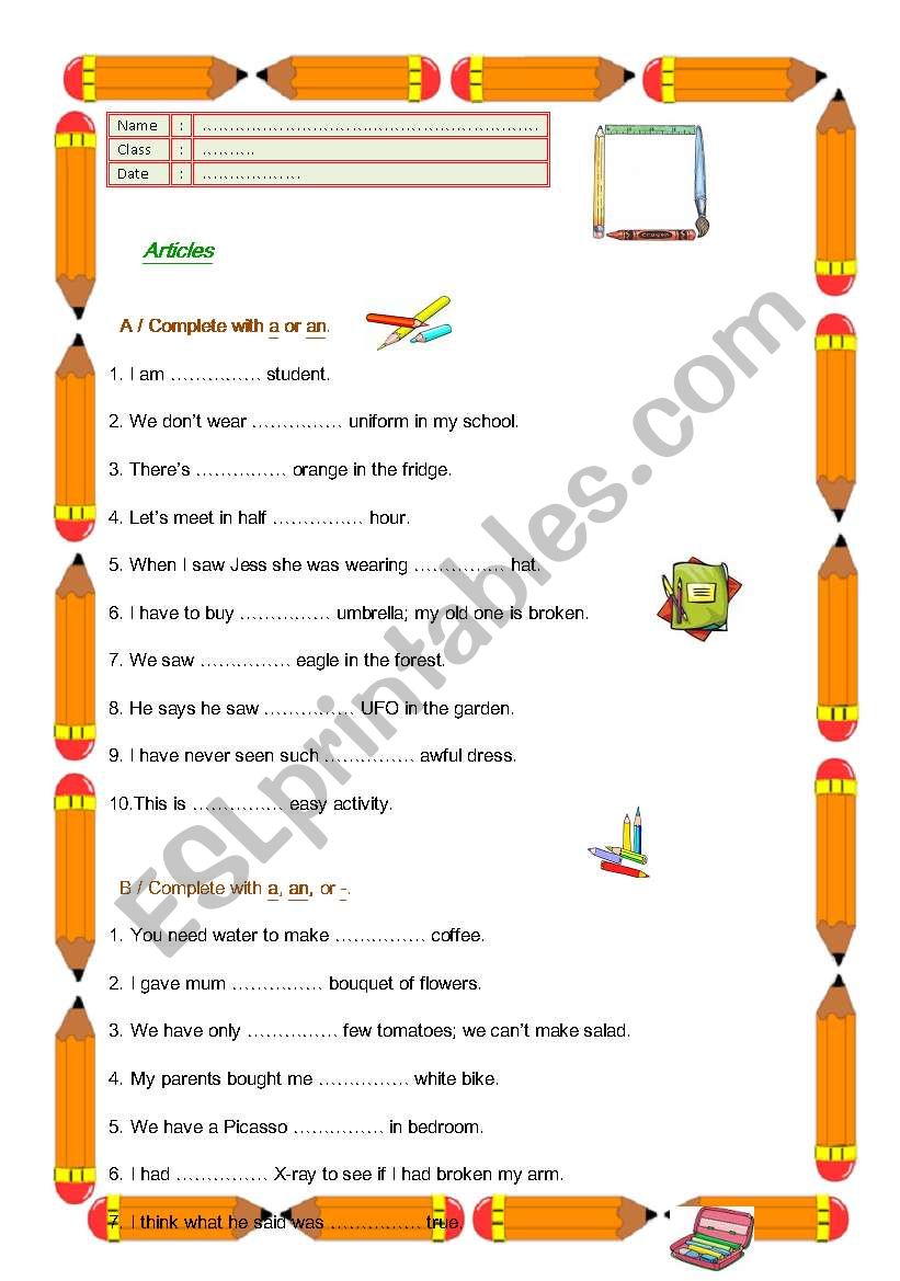 Articles worksheet