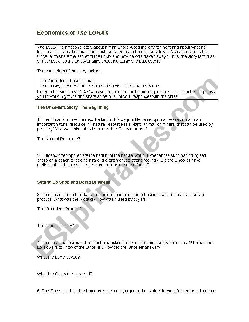 Economics of THE LORAX worksheet