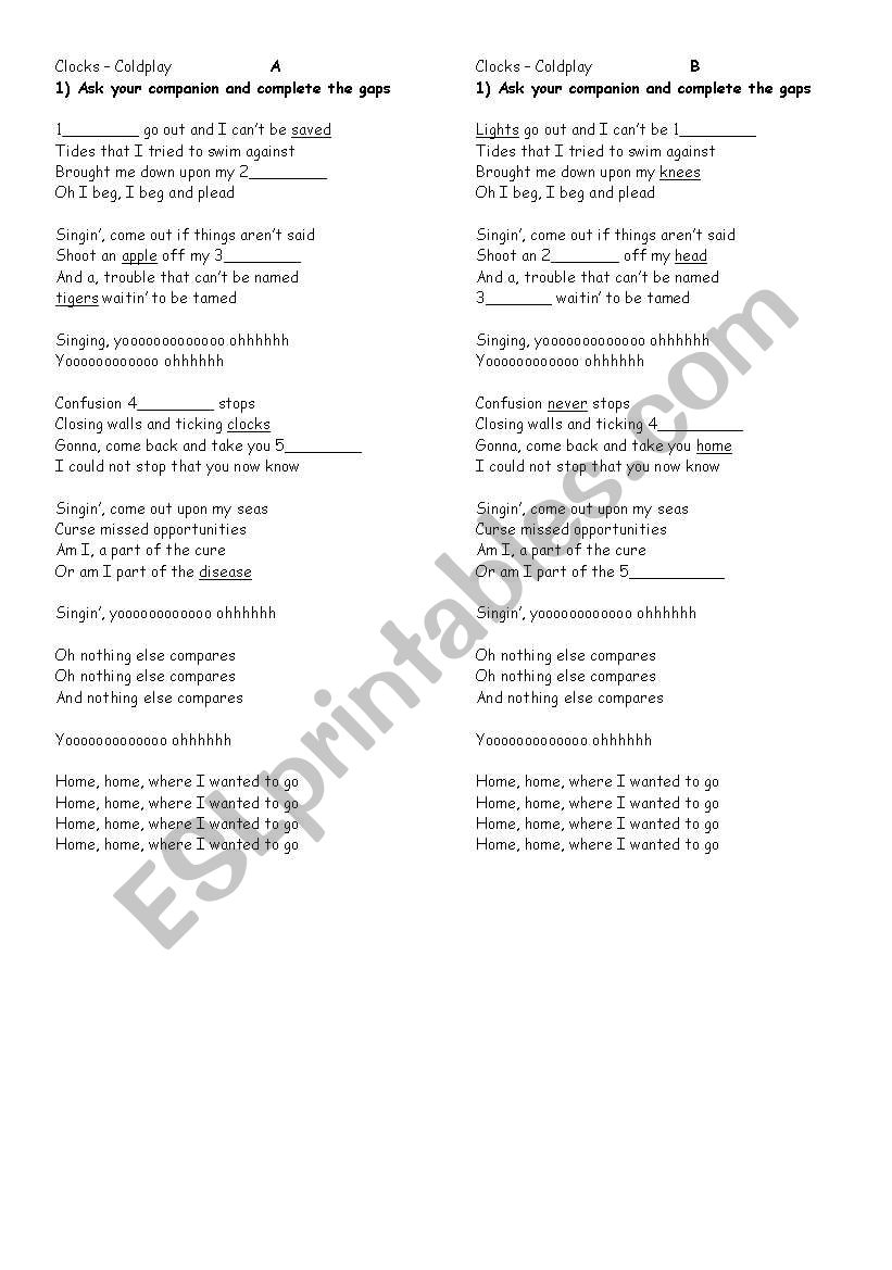 clocks - coldplay worksheet