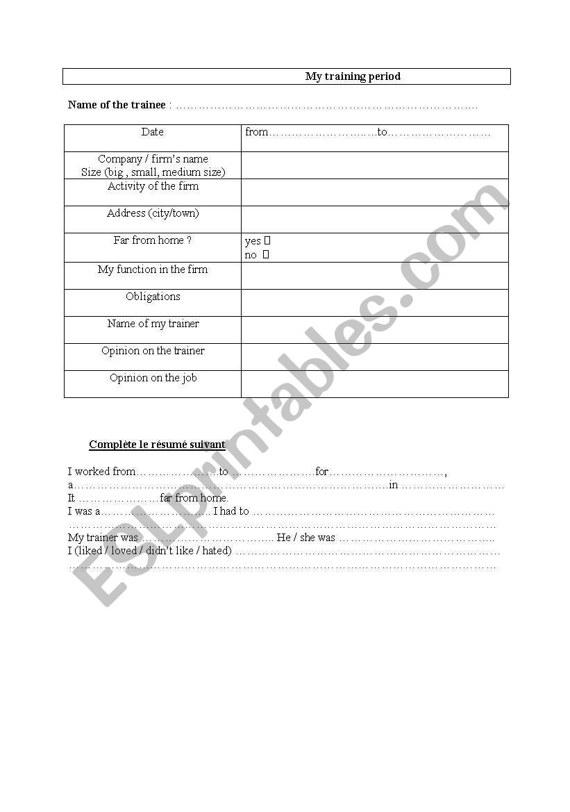 my training period worksheet