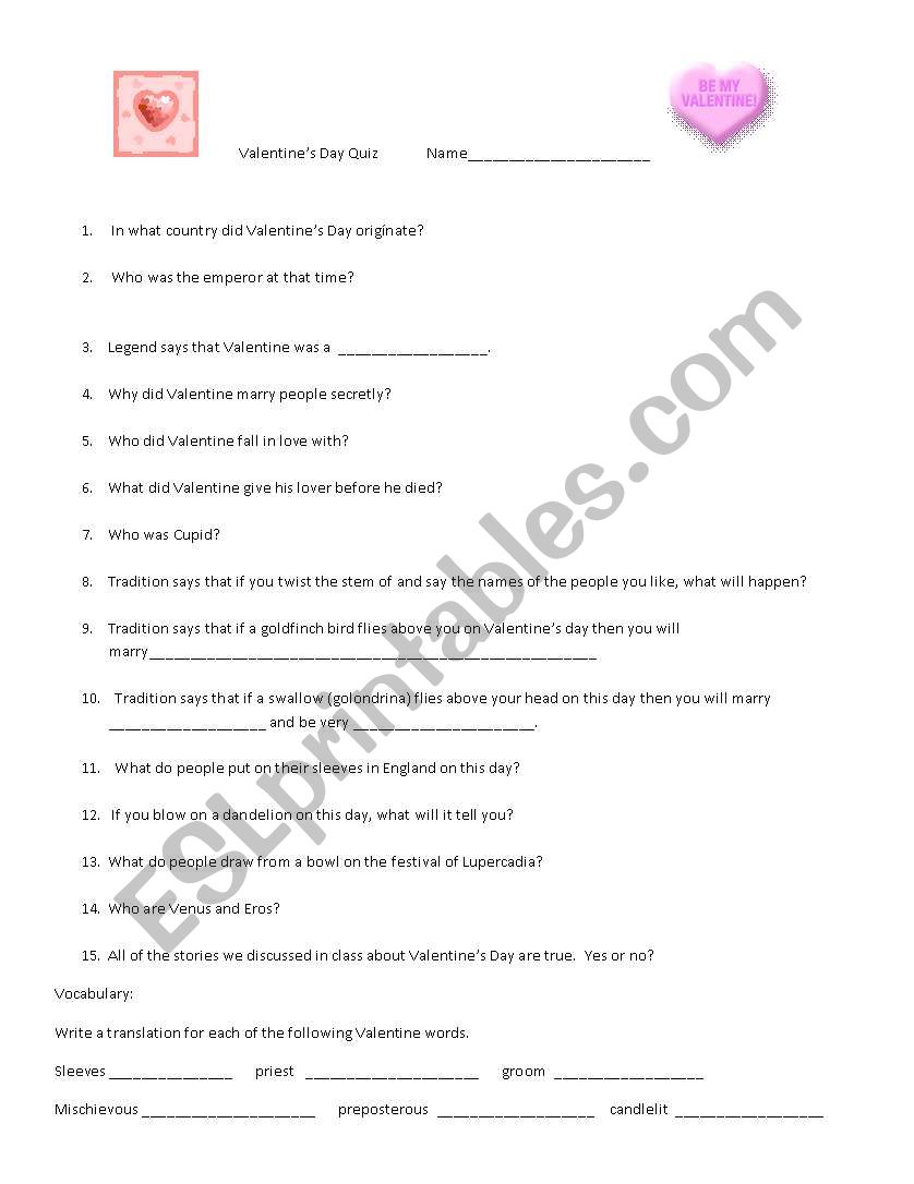 Quiz    Valentines Day worksheet