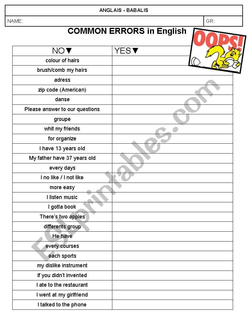 Common Errors Kids Make worksheet