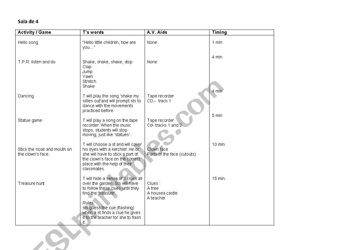 Childrens day plan worksheet