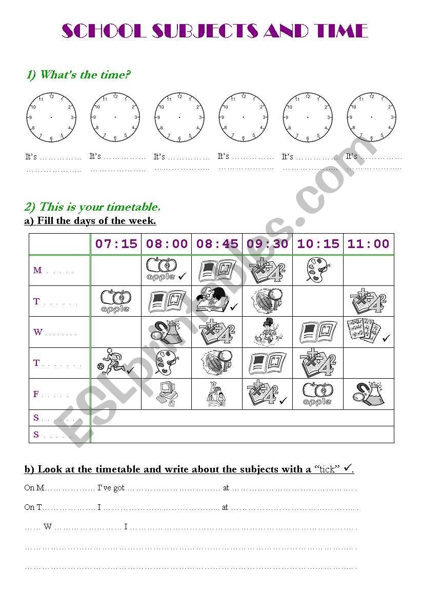 School subjects and time worksheet