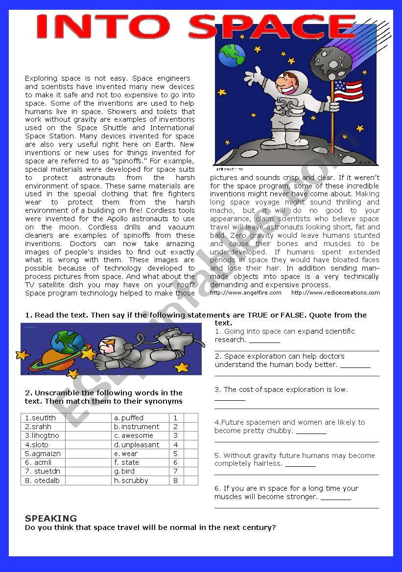 Going into space worksheet