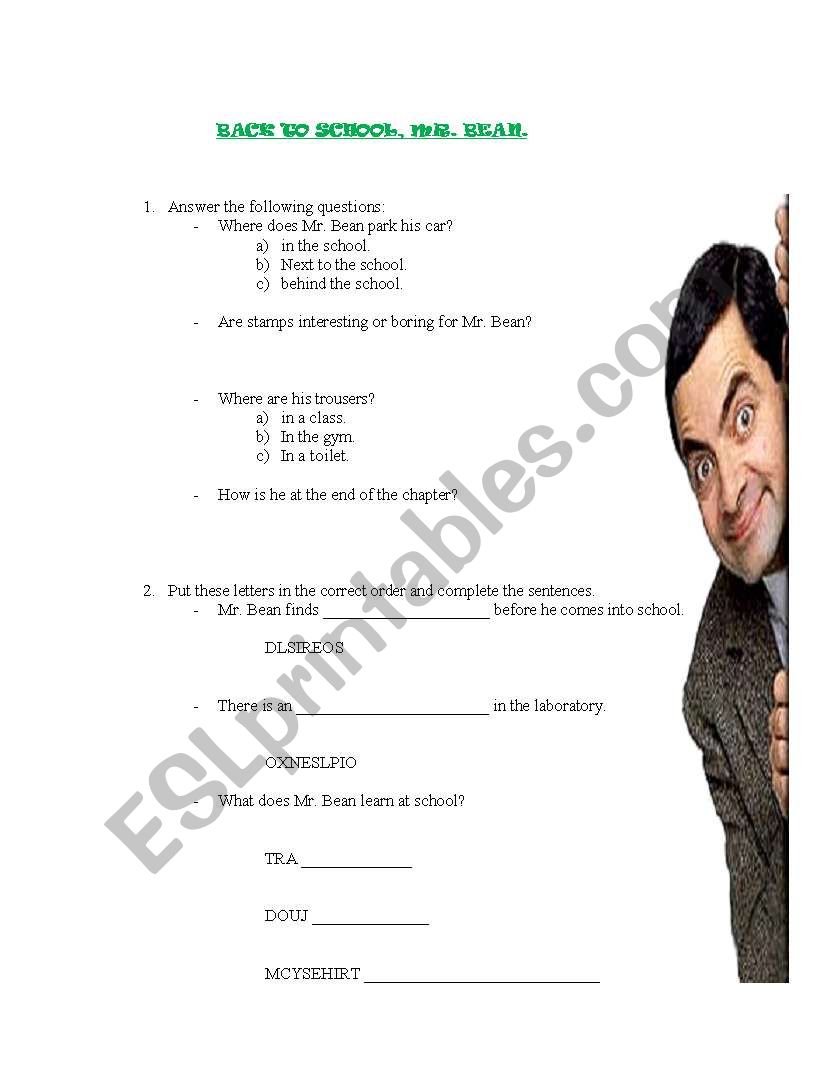 Back to school, Mr Bean worksheet