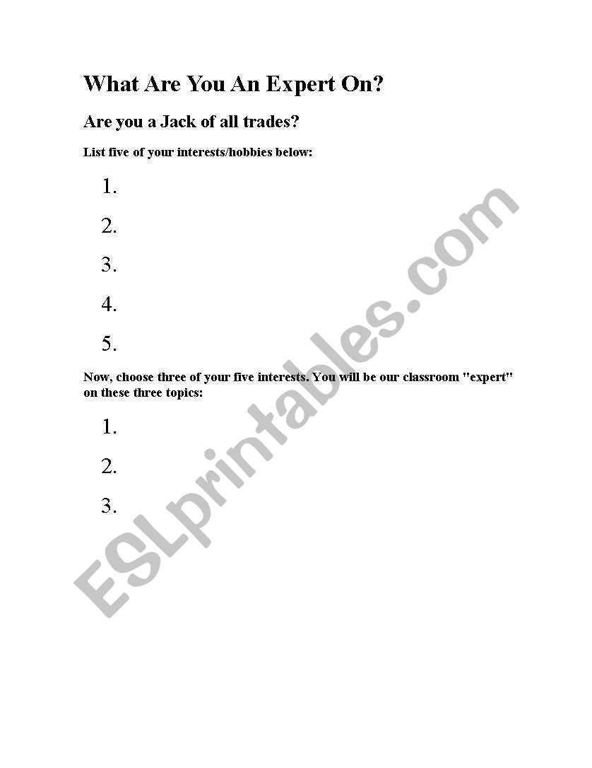 what are you an expert on worksheet