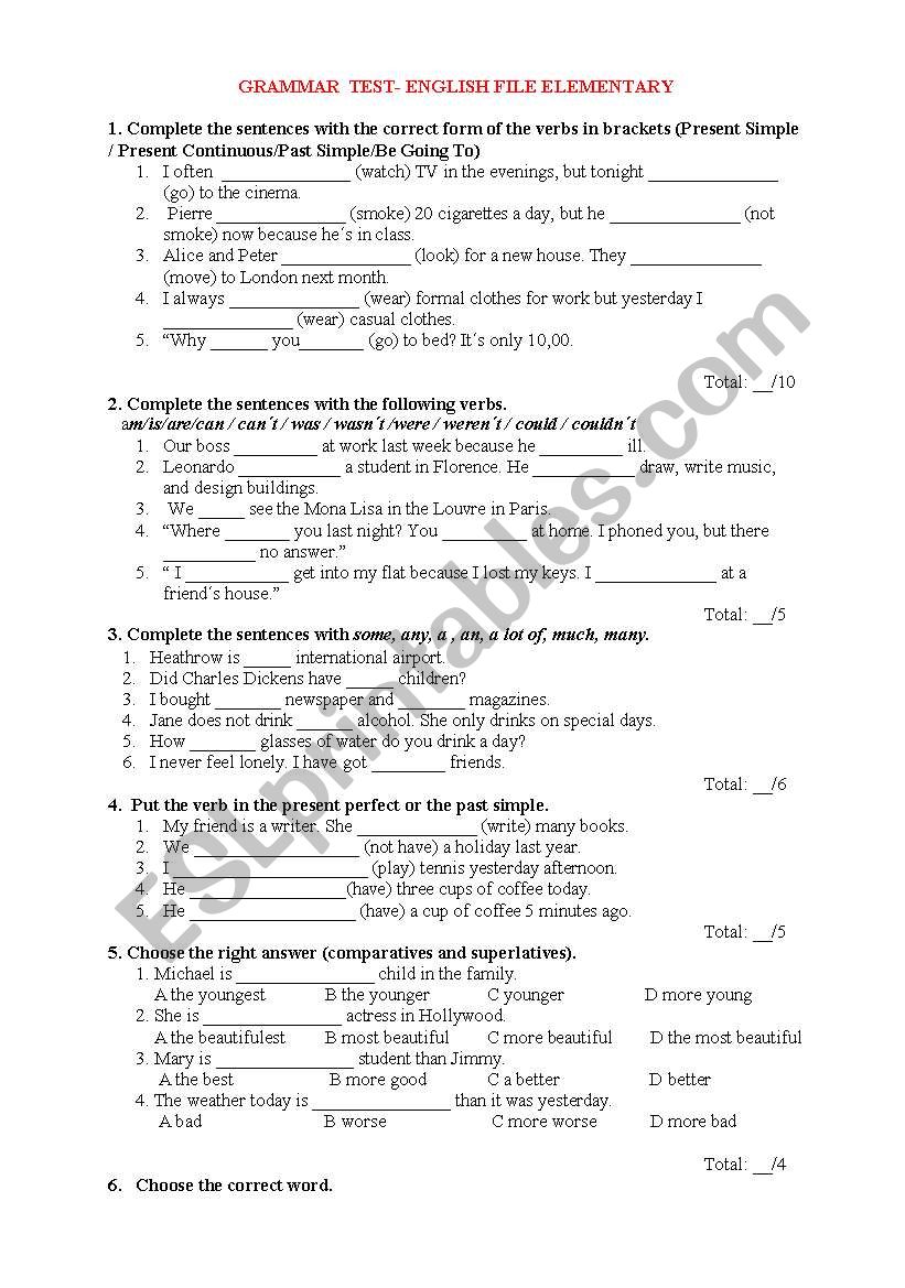 elementary revision test  worksheet