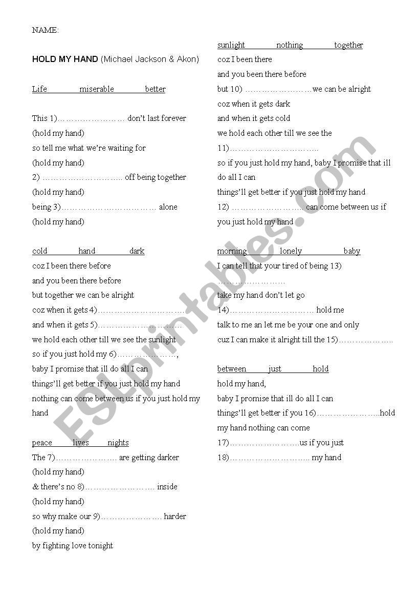 Hold my hand worksheet