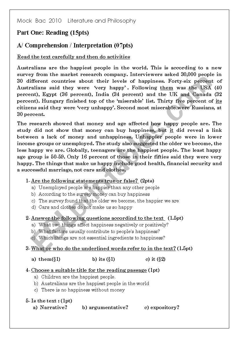 mock Baccalaureate sample  worksheet