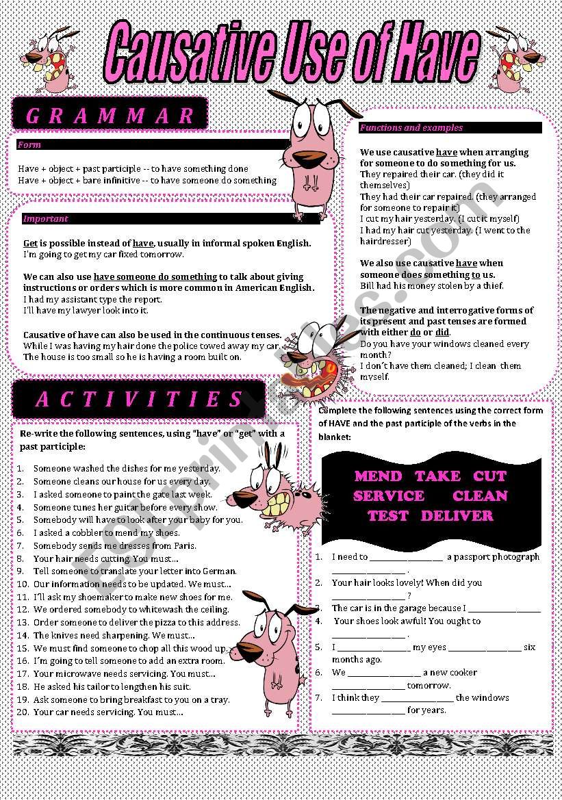 Causative Use of Have - Colour and B&W Worksheet - With answers