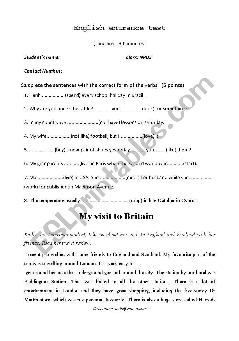 English test worksheet