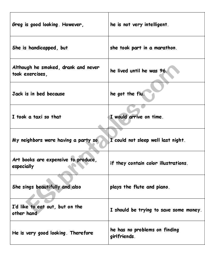 Linking words match sentences worksheet