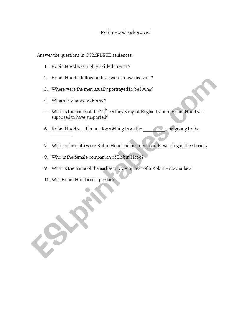 Robin Hood background worksheet