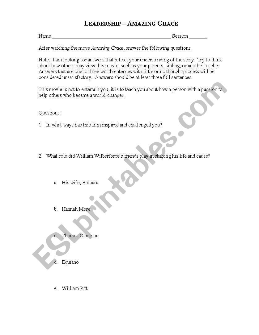 Amazing Grace Discussion worksheet