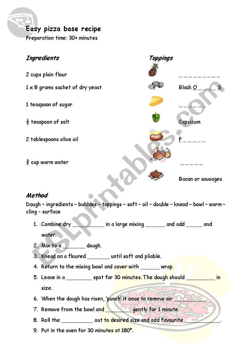 Pizza base recipe activity worksheet
