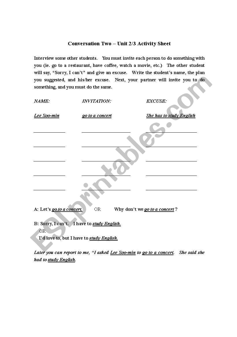 Giving Excuses worksheet