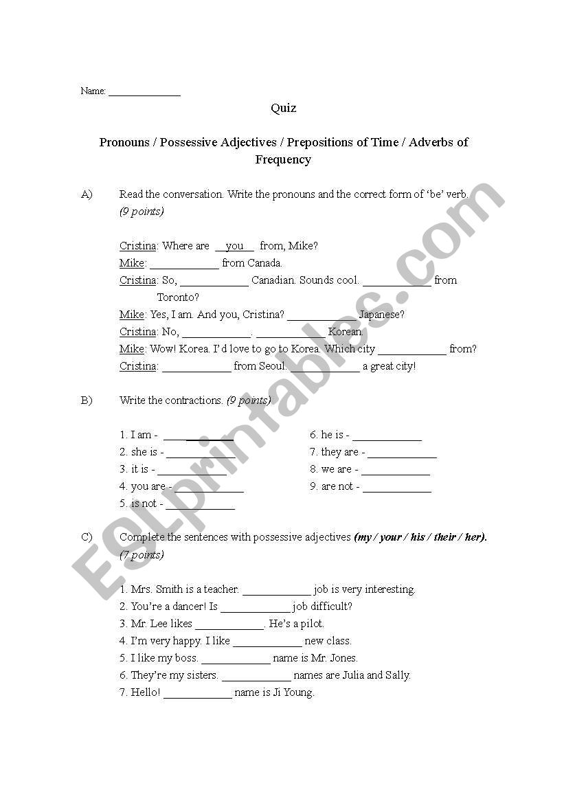 Pronouns / Possessive Adjectives / Prepositions of Time / Adverbs of Frequency