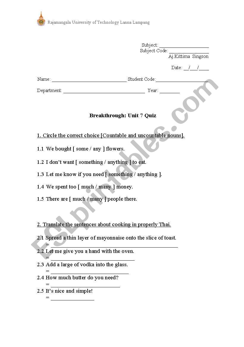 Countable and uncountable nouns, and translating