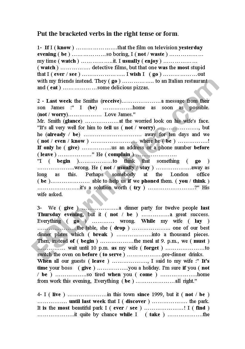 Mixed Tenses Paragraph Exercises With Answers - Exercise Poster