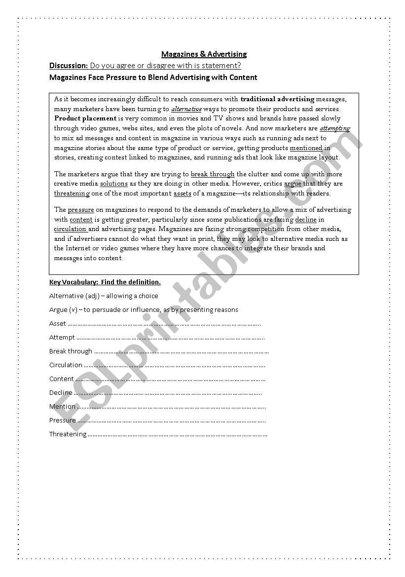 magazine advertising worksheet