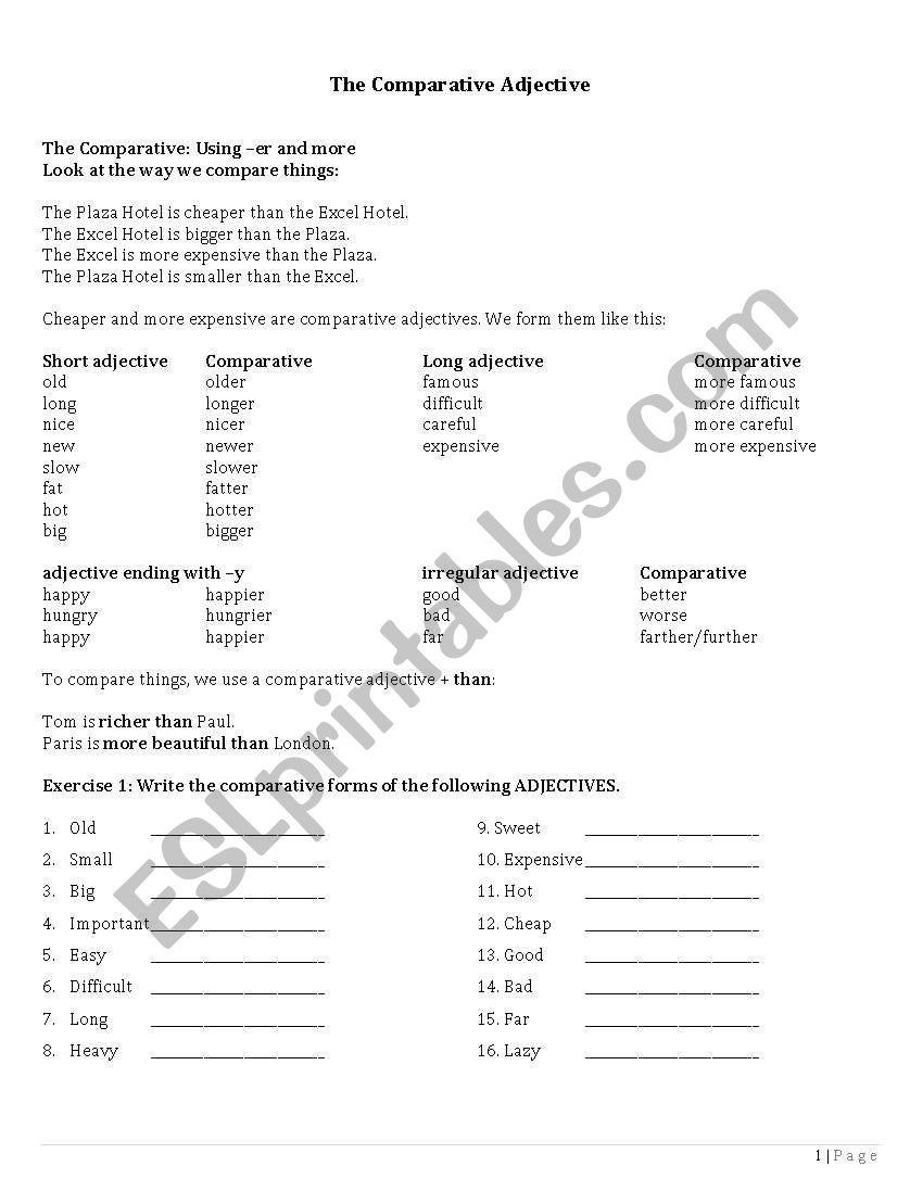 The comparative adjectives  worksheet