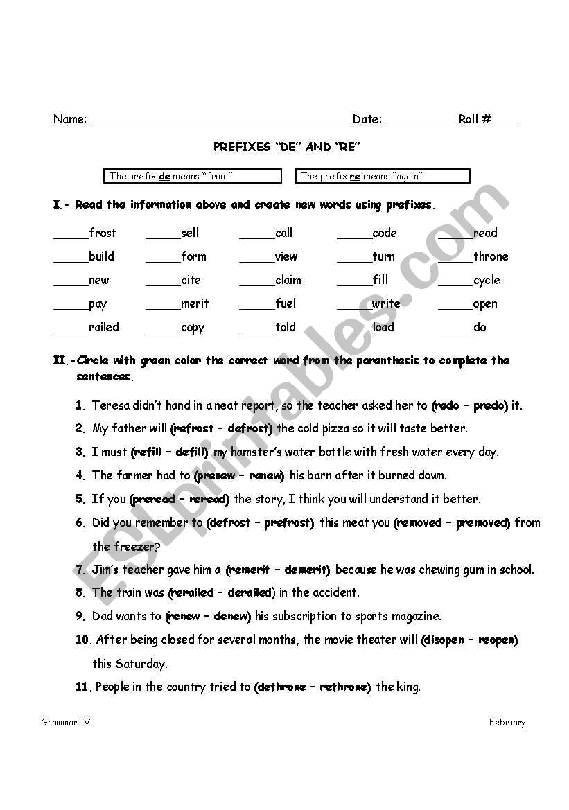 Prefixes DE- and RE- worksheet